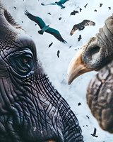 Close-up dramatic composition of elephant and vulture faces with flying birds in stormy sky background, showcasing wildlife interaction and natural behavior in African savanna.