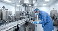 Pharmaceutical worker in protective suit operating automated filling machine in sterile manufacturing facility for medicine production and quality control.