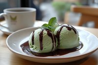 Green tea ice cream scoops with chocolate sauce and mint garnish on white plate. Coffee cup in background. Dessert for restaurant menu or food blog.