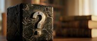 Weathered stone cube with golden question mark symbol sits on wooden surface with blurred books in background, representing mystery and knowledge seeking.