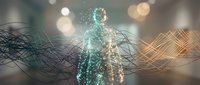 Digital human silhouette with glowing particles and flowing data streams representing artificial intelligence, technology innovation and futuristic connectivity.