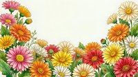 Colorful hand-drawn daisy and gerbera flower border on white background, vibrant botanical frame for greeting cards and invitations.