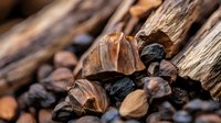 Aromatic dried spices and wood pieces in rustic composition with black cardamom pods, star anise, and natural wooden texture creating warm brown tones.