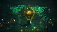Glowing light bulb against digital world map made of green dots with floating particles, representing global innovation and technological advancement.