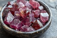 Raw pink tourmaline crystals in rustic ceramic bowl on dark stone surface, natural mineral specimens showing crystalline structure and color variation.