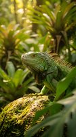 Green iguana lizard resting on moss-covered branch in tropical rainforest with lush vegetation background for wildlife and nature photography projects.