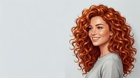 Woman with voluminous curly copper-red hair and fair complexion smiling over shoulder against neutral background. Suitable for beauty, haircare, cosmetics, and wellness marketing materials.