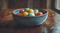 Colorful Easter eggs in rustic ceramic bowl on wooden table creating festive spring holiday decoration for seasonal celebrations and traditions.