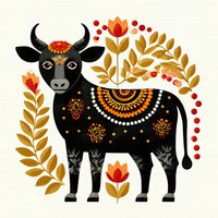 Decorative black bull with ornate patterns surrounded by autumn foliage and floral elements in folk art style on cream background.