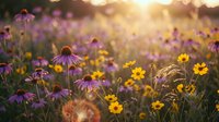 Wildflower meadow with purple coneflowers and yellow blooms in golden sunset light creating dreamy bokeh effect for nature backgrounds and wellness designs.