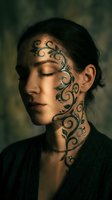 Young woman with ornate floral face tattoo in profile view. Intricate black swirl patterns cover half face and neck. Artistic body art concept for beauty design.