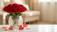 Red roses bouquet in crystal vase with heart decorations on white table, romantic Valentine's Day setting for love celebration and special occasions.