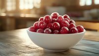Fresh red cranberries covered in frost crystals in white ceramic bowl on rustic wooden table, warm sunlight streaming through window creates cozy atmosphere.
