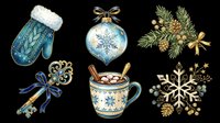 Festive winter holiday collection featuring isolated decorative elements including knit mitten, ornament ball, evergreen branch, vintage key, hot chocolate mug, and snowflake designs on transparent background. Ready for t-shirt designs, stickers, clipart, and print-on-demand projects.