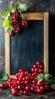 Fresh red currant berries with green leaves arranged around rustic chalkboard frame on dark background, copy space for menu or recipe text.
