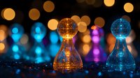 Chess pawns glowing in orange and blue with magical bokeh lights background creating dreamy atmosphere. Artistic macro photography for game strategy concept.