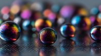 Colorful iridescent metallic spheres with rainbow reflections on textured dark surface, creating futuristic abstract composition for technology or science backgrounds.