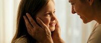 Tender moment between a Caucasian mother and her smiling daughter, hands gently cupping the child's face in a warm, loving indoor setting.