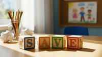 Wooden alphabet blocks spelling SAVE on a sunny classroom desk, symbolizing children's savings, education funds, and financial literacy for kids.