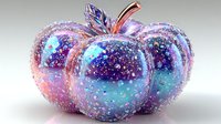 Holographic crystal pumpkin with iridescent surface and sparkling glitter effects on white background for autumn decoration and fantasy design projects.