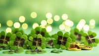 Fresh green four-leaf clovers with golden coins on bright bokeh background symbolizing luck, fortune and prosperity for St. Patrick's Day celebrations.