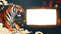 Roaring tiger with blank white frame on mystical Asian-inspired background with golden clouds and red lanterns for custom text or design placement.
