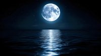 Bright full moon illuminating dark ocean waters with mystical moonlight reflection creating serene nighttime seascape, stars twinkling in clear sky.