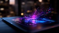 Digital tablet screen emitting vibrant purple and blue light particles with dynamic motion effect against dark background, modern technology concept.