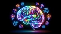 Glowing neon brain with colorful neural networks surrounded by floating tech icons on dark background for artificial intelligence and innovation concepts.