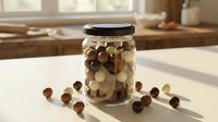 Glass jar filled with mixed nuts and dried fruits on wooden kitchen counter with warm natural sunlight streaming through windows.