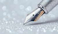 Elegant fountain pen nib with ornate engraving on silver glitter background with bokeh effect, macro photography for luxury writing and stationery design concepts.