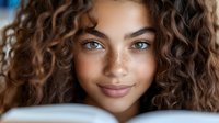 Young mixed-race woman with curly brown hair, blue eyes, and freckles smiling gently at camera in soft natural lighting for beauty and skincare advertising.