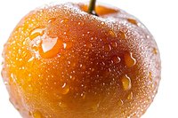 Fresh ripe yellow cherry covered in pure water droplets on white background, macro photography showing juicy texture and natural condensation.