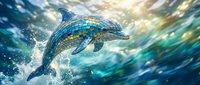 Majestic dolphin leaping from crystal clear ocean waters with sunlight streaming through waves creating magical underwater light rays and splashing motion.