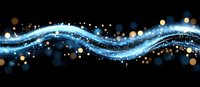 Glowing blue wave with sparkles and golden bokeh lights on black background creates magical energy flow effect for abstract design projects.