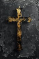Vintage golden cross on dark textured background with weathered paint and scratches creating dramatic religious atmosphere for spiritual designs.