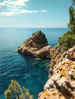 Dramatic rocky cliff formation rising from crystal clear turquoise Mediterranean waters, with pine trees and rugged coastline against bright blue summer sky.