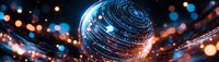 Glowing digital sphere with spiral patterns floating in abstract space with bokeh lights and energy particles.