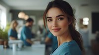 Young Caucasian female healthcare worker in blue scrubs smiling confidently at camera with medical team in background. Modern hospital setting with natural lighting.
