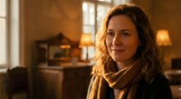 Young woman with curly hair wearing scarf smiling warmly in cozy home interior with soft natural lighting for lifestyle and portrait photography.