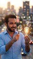 Smiling businessman examining light bulb with magnifying glass at sunset in urban setting representing innovation and creative problem solving.