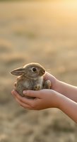 Small fluffy rabbit held gently in child's hands against blurred natural background. Young person cradling cute bunny for pet care, animal welfare, and childhood bonding concepts.