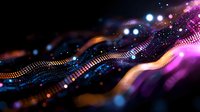 Abstract digital wave with glowing particles in purple, blue, and gold colors against black background, creating futuristic technology visualization.