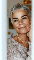 Confident mature woman with natural gray hair and pearl necklace smiling warmly at camera. Wearing soft pink sweater in natural window light setting.