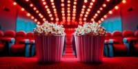 Two buckets of buttery popcorn on red carpet in empty movie theater with dramatic red lighting and rows of comfortable seats.