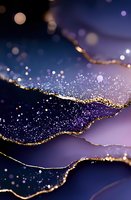 Abstract luxury background with dark blue and purple waves decorated with golden lines and glowing sparkles creating magical atmosphere.