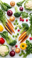 Fresh organic vegetables arranged on white background including broccoli, cauliflower, carrots, onions, peppers and leafy greens for healthy cooking.