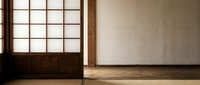 Minimalist Japanese interior with traditional shoji screen door and tatami flooring creating serene zen atmosphere for meditation and relaxation spaces.