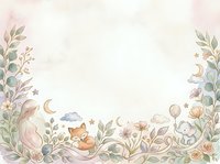 Watercolor nursery border with sleeping fox, elephant, moon, clouds, and botanical elements on cream background, suitable for baby shower invitations, wall decals, and children's room designs.