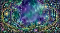 Enchanted forest frame with twisted branches, glowing lanterns, and magical aurora borealis sky. Ornate botanical border with ferns and flowers. Fantasy woodland scene for fantasy art, gaming, and mystical designs.